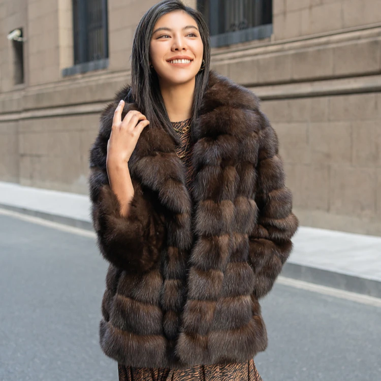 Competitive Price Fashion Fur Coat Suit Collar Classic Short Style Real Mink Sable Fur Coat For Women