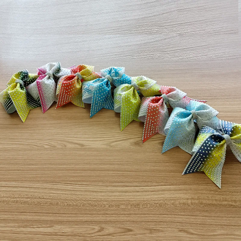 Wholesale Youth Team Bow Ponytail Holder Cheerleading Bow Softball Gifts Glitter Cheer Bows Rhinestone