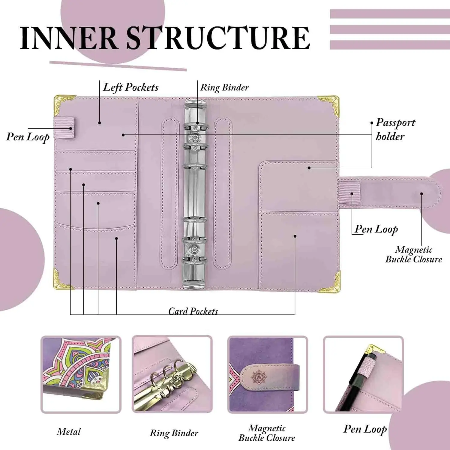 New Gift Quilted Leather Notebook Cover A4 A5 A6 6-Gold-Ring Wallet Budget Binder for Cards, Cash, Bills & Document