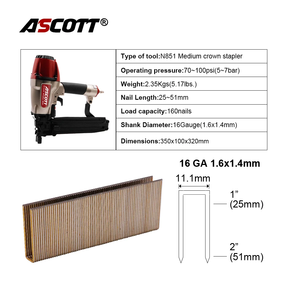 Industrial DIY 16GA 25-51MM Pneumatic Stapler Gun N851 Air Stapler Electric Power Source 1-Year Roofing Decking Furniture Frames