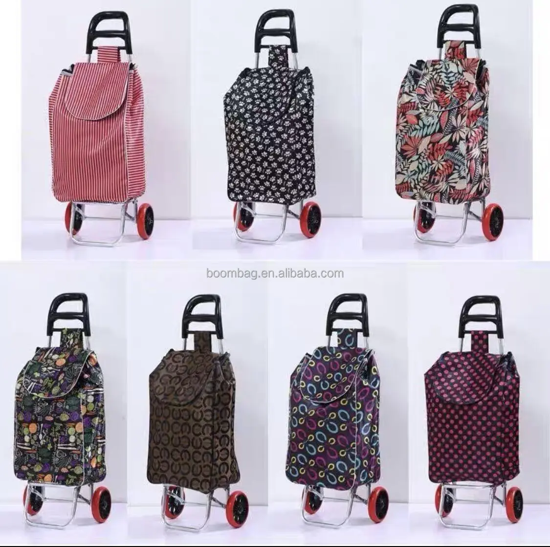 Supermarket Reusable Flower Pattern Overall Printing Portable Folding Grocery Trolley Shopping Bag with Wheels