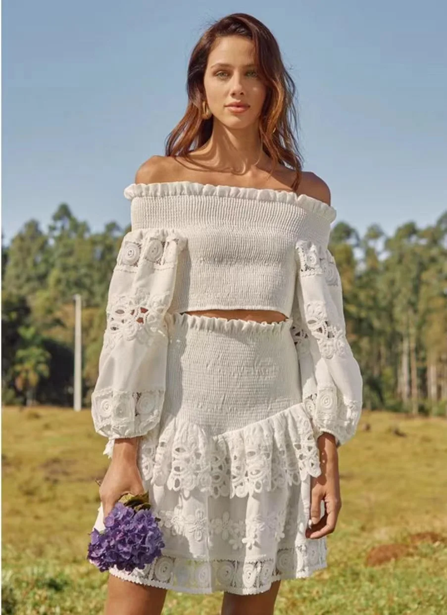 New dropshipping elegant off shoulder and lantern sleeve with elastic waist edge stitching crop top and skirt suit women