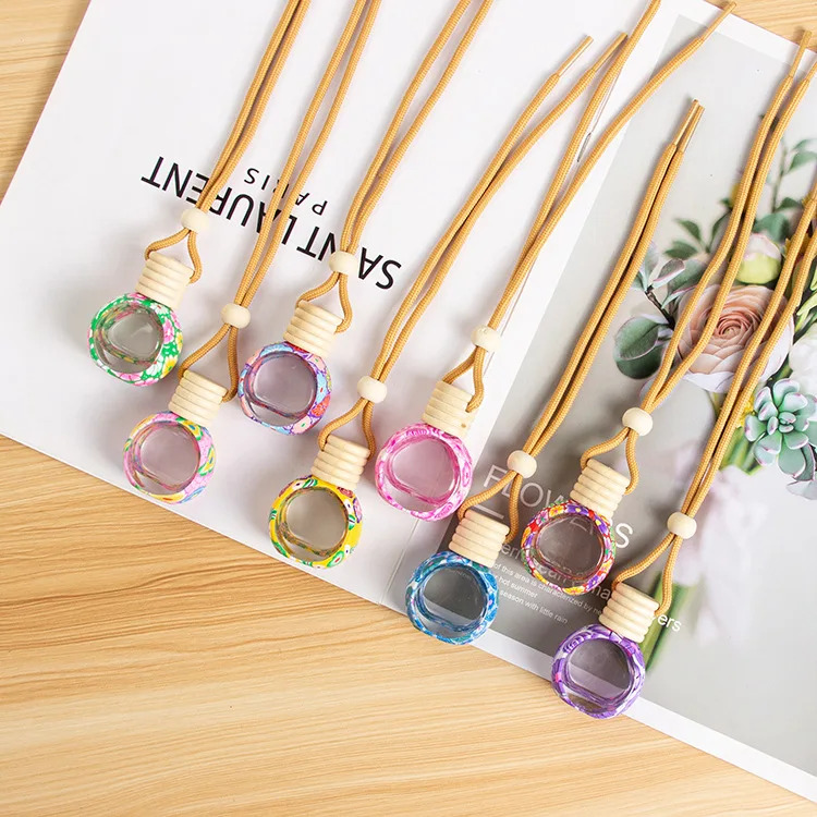 Perfume Bottles Creative Car Pendant Floral Art Printed Hanging Air Freshener Diffuser Fragrance Empty Glass Perfume Bottle