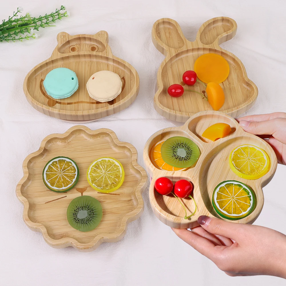 New Product Idea 2024 Cartoon Animal Bamboo Baby Suction Plate Bowl Set Wooden Plates Bowl Set for Kids Dinner Tableware