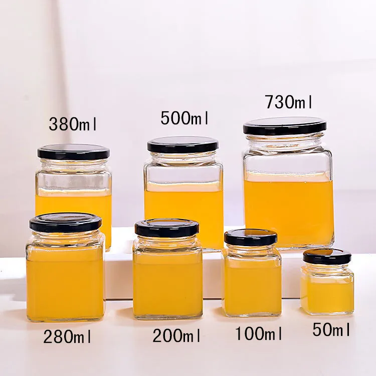 50ml 80ml 100ml 150ml 200ml 280ml 380ml 500ml 730ml Empty Square Clear Glass Honey Jar For Food Storage Jam with Metal lid