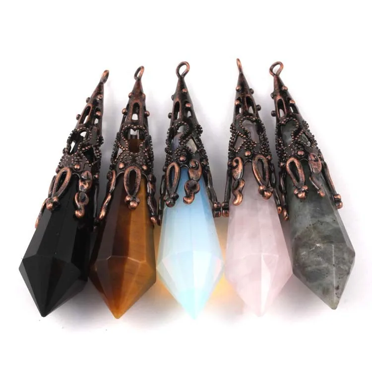 Hobbyworker Er Charms Red Copper Natural Crystal Twelve Faceted Hexagon Cone Pendant for Women Gifts
