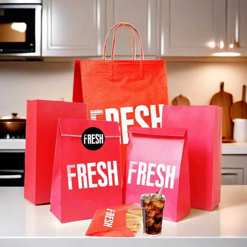 Custom Print Recyclable Die Cut Red Paper Bag Punch Holes Paper Takeouts Bag Perforation Carry Bags for Packaging Food