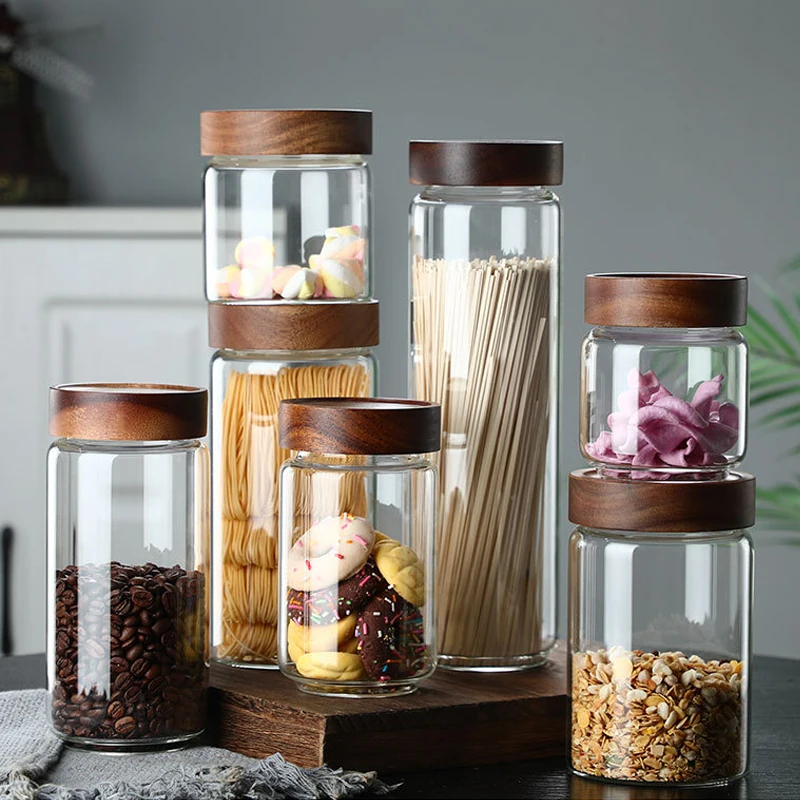 wholesale factory price Kitchen Storage thread type borosilicate glass food storage jars with airtight Acacia wooden screw Lid