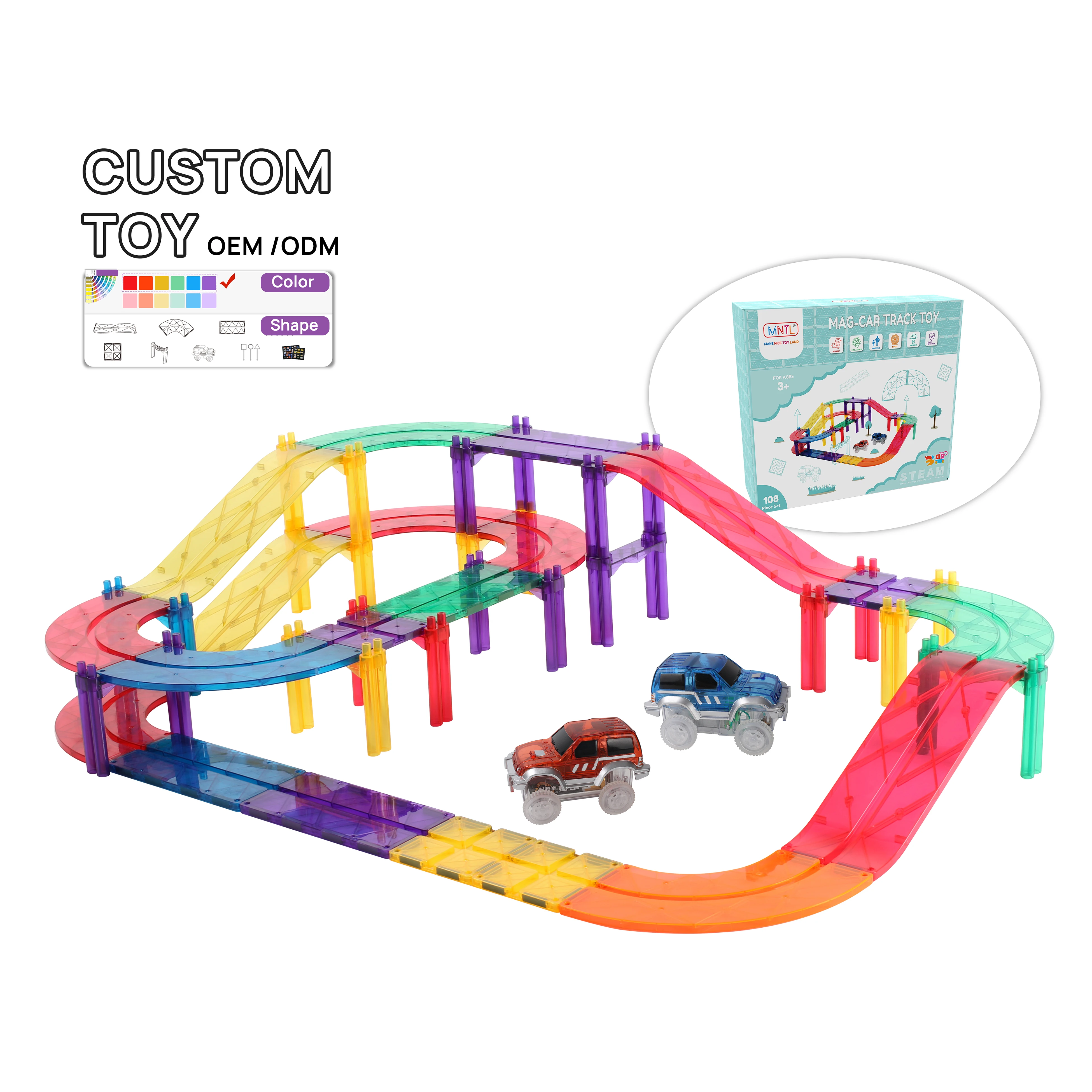 MNTL DIY 52pcs 108pcs car race track magnet tiles toys  educational toys magnetic building tiles for kids