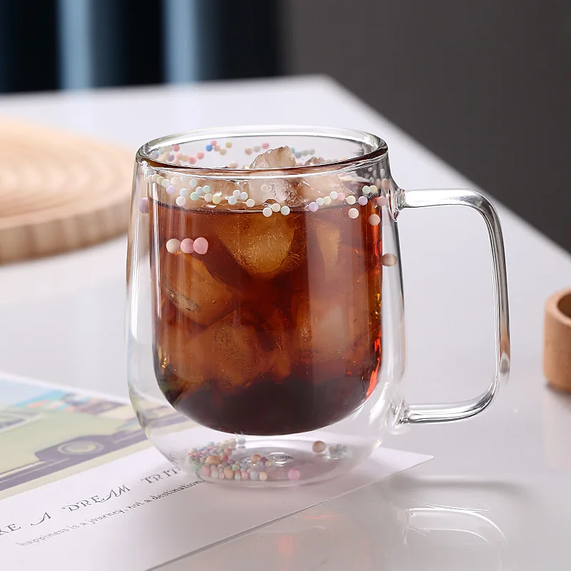 Wholesale Colorful Liquid Sand Double-Layer Glass Cup with Drilled Crystal Art, Sand-Filled Coffee Cup