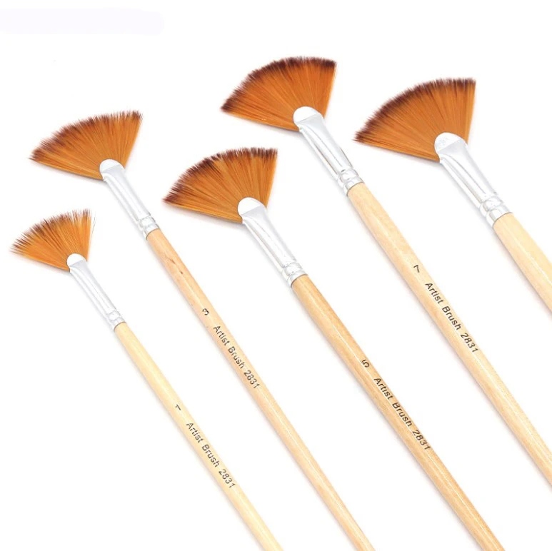 5Pcs Artist Paint Brushes Set Nylon Hair Fan-Shaped Short Wood Brush Painting Drawing Supplies