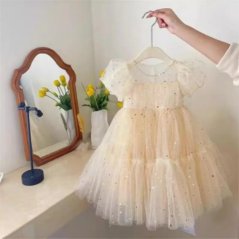 2024 Summer New Korean Baby High-grade Mesh Bubble Sleeve Skirt Girls Kids Dress Girls Dresses