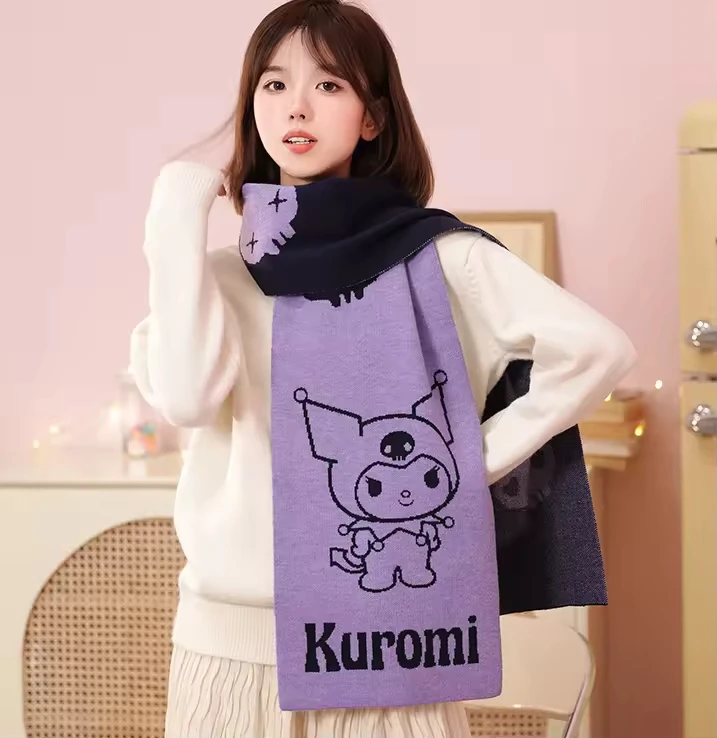 New winter fashion anime scarf kawaii anime kuromi melody kt Double Sided Long cartoon scarf adult warm knitted scarf
