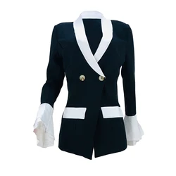 Женский костюм с отложным воротником, однотонный двубортный костюм в европейском и американском стиле с расклешенным рукавом, осень 2021