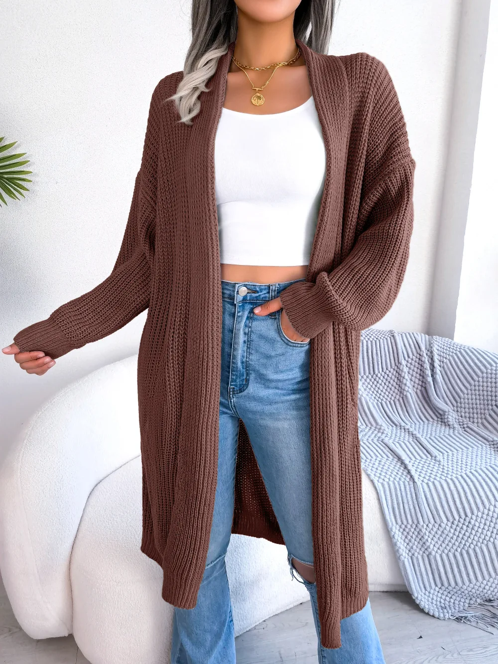 2023 Wholesale Women Sweater long sleeve cardigan  thick sweater loose knit cardigan