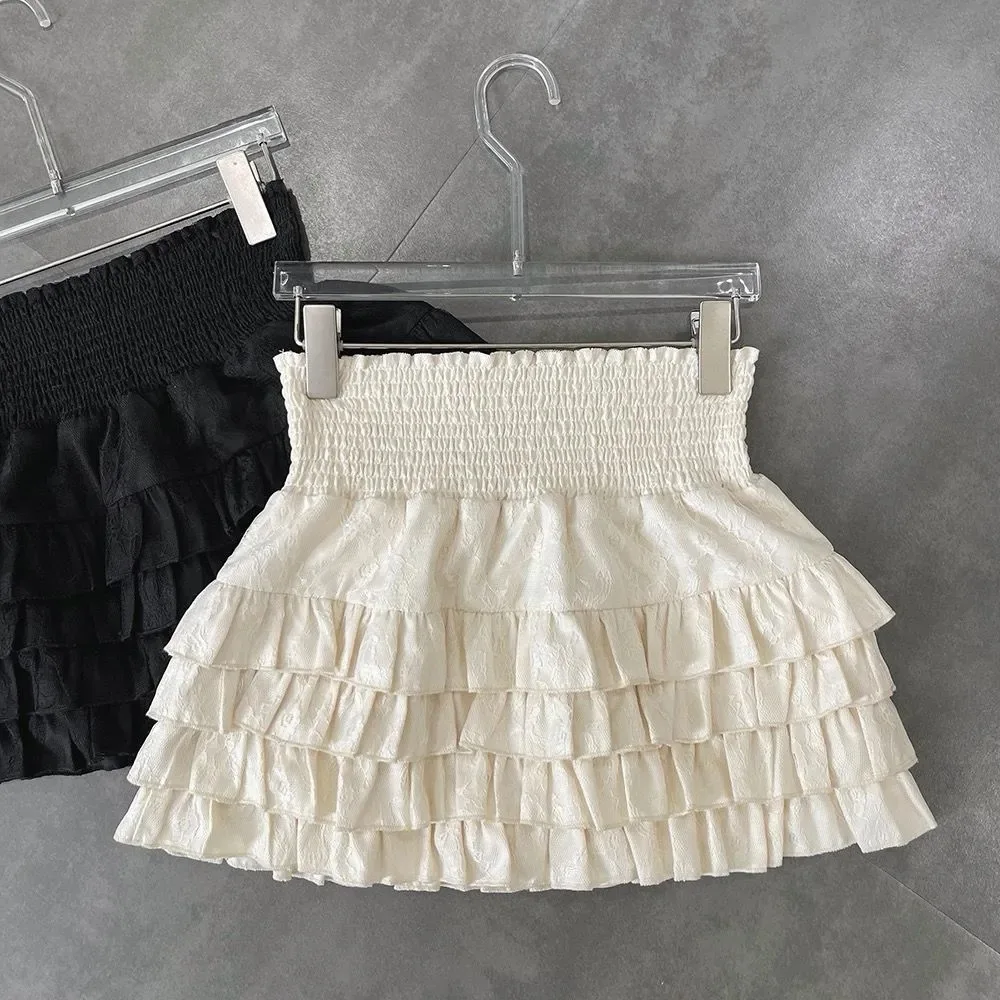 ecowalson  Streetwear Y2k Ruffles Mini Sweet Kawaii High Waist Lace A Line Skirt Summer Korean Fashion Black Ball Gown Skirts