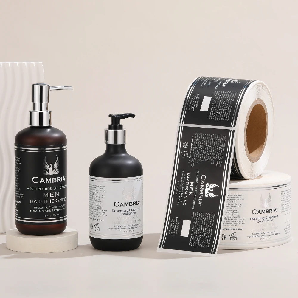 Custom logo printing silver foil sticker shampoo bottle cosmetic labels adhesive paper stickers roll for packaging