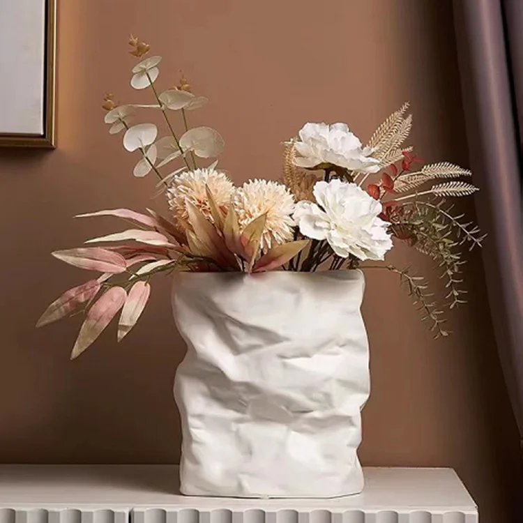 Vase Wrinkled Paper Bag Vase Low Temperature Ceramic Flower Pot For Ornaments Home Garden Tabletop White Vases Jarrones