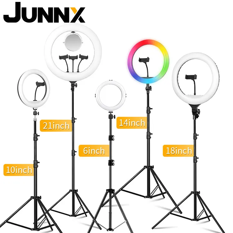 JUNNX Wholesale Beauty Photography Dimmable LED RGB Selfie Ring Light 10 inch 26cm 12 14 18 20 21 22 Pouces Lumiere Annulaire