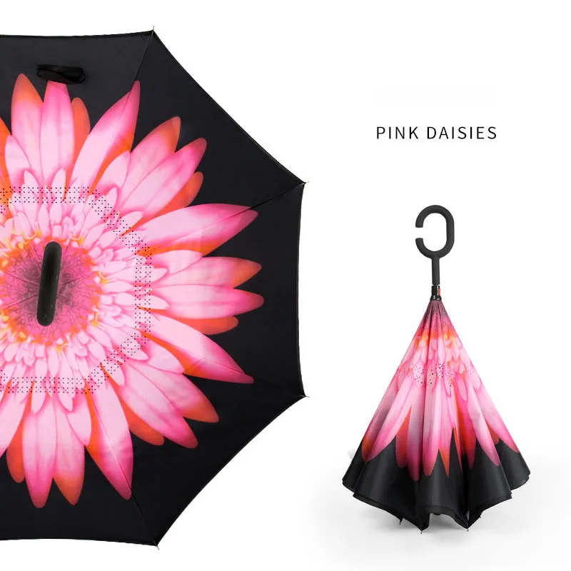 New Creative Custom Printing Hook C Handle Reverse Umbrella Self-standing Double Layer Magic Windproof Car Inverted Umbrella