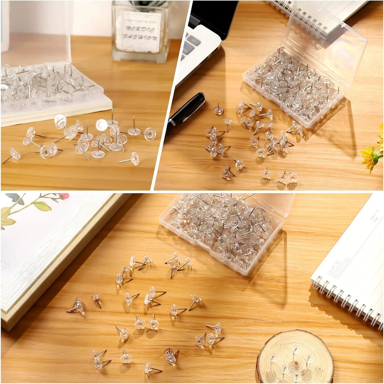 150pcs Plastic Clear Flat Head Thumb Tacks for Bulletin Boards, and Office Organization