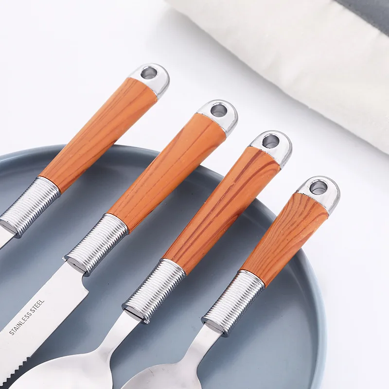 Wood Grain Tableware Steak Knife Fork Small Tea Spoon 410 Stainless Steel Cutlery Sets 24PCS Portable Dinnerware Flatware Sets