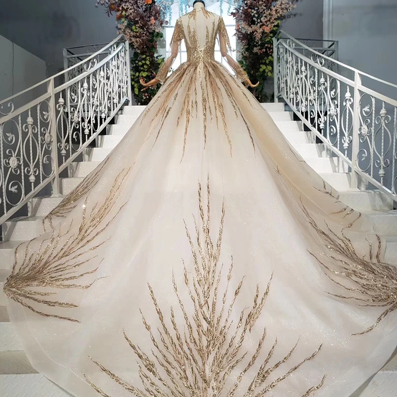 HTL871 Jancember Long Sleeve Lace Wedding Gown With Long Train Golden Heavy Beaded Vestido De Noiva