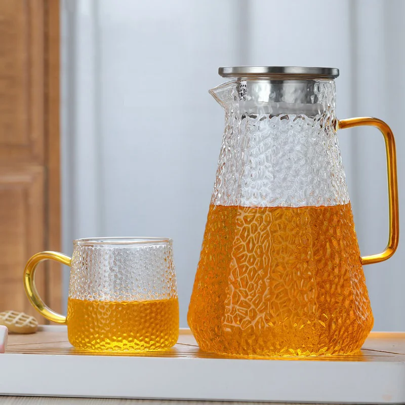 WONDER Clear Borosilicate Thickened Hammer Pattern Cool Kettle Glass Water Jug Water Pouring Jug 1.6L Water Pitcher with Lid