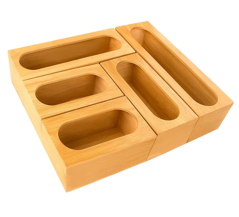 hot sale Bamboo plastic ziplock bag storage organizer and dispenser 5 pieces holder for kitchen drawer with magnet manufacturer