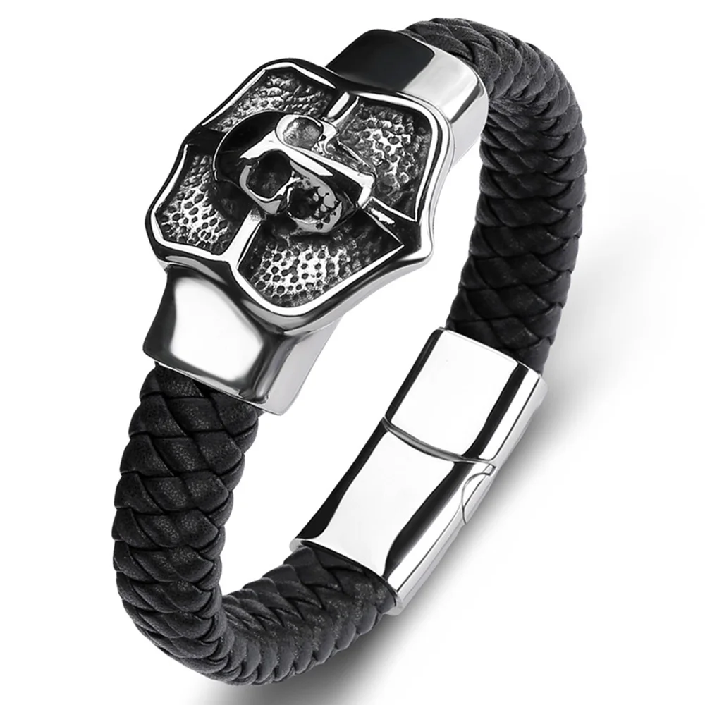 Custom Simple Vintage Braided Single Leather Bracelet Magnetic Tungsten Carbide Skull Bangle Mens