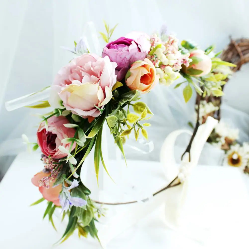 2784E Wholesale Party Flower Girl Tiara Festival Floral Headband Boho Wedding Flower Crown