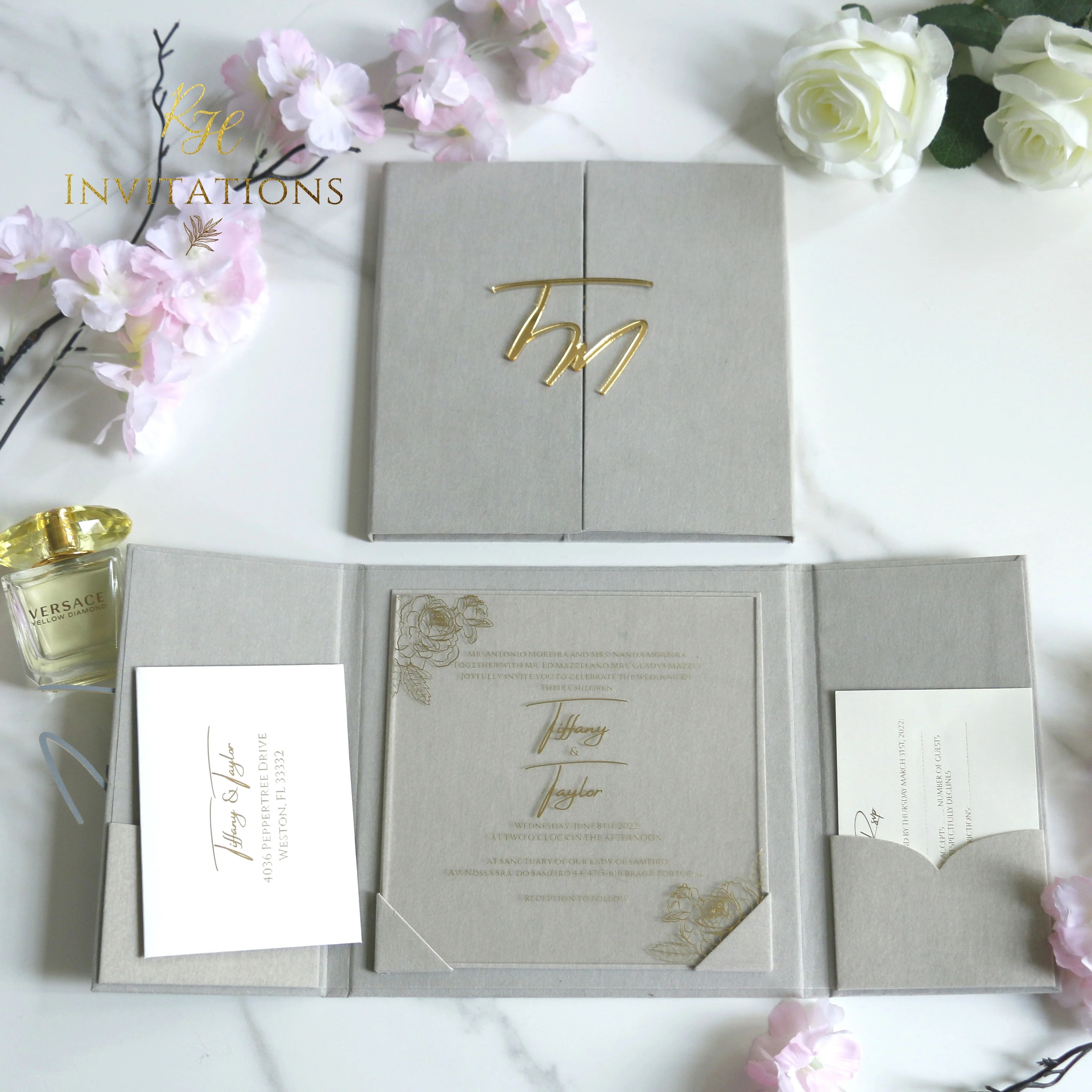 Elegant grey open suede paper crafts wedding invitation with Transparent  acrylic for wedding cards