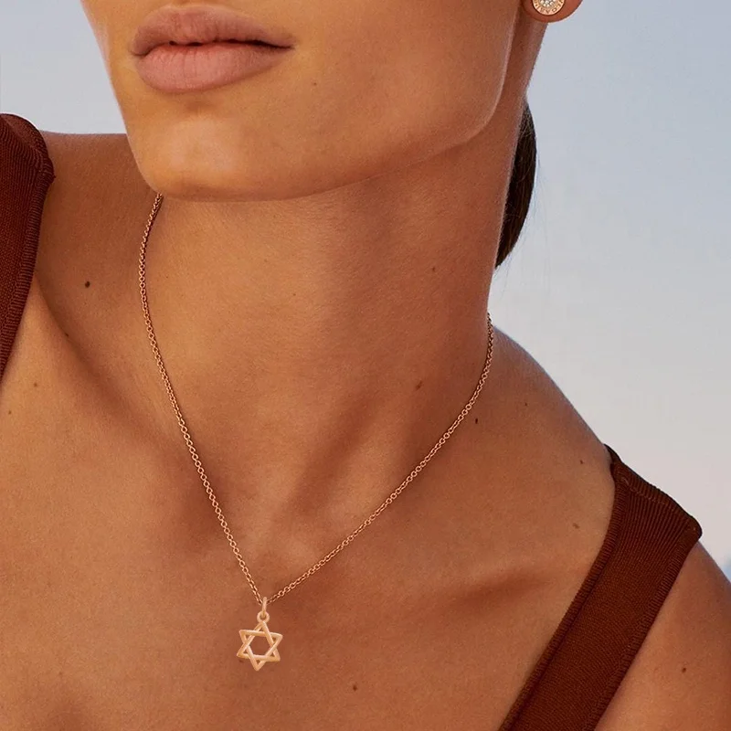 14k Gold plated Jewish Gold David Star Necklace Neutral Hex Star Heart Lucky Necklace 925 sterling silver
