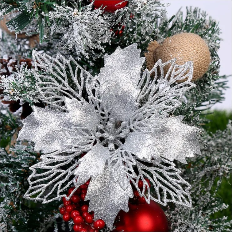 Glitter Christmas Flower Artificial Flowers Poinsettia Merry Christmas Decorations For Home Xmas Tree Ornaments New Year Gift