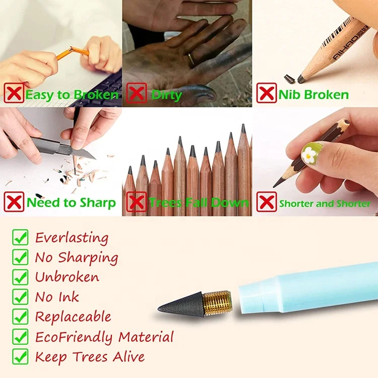 In Stock Unlimited Writing Eternal Pencil 14 Pack No Ink Technology Magic Pencils for Writing Painting Tool Kids With Sticker