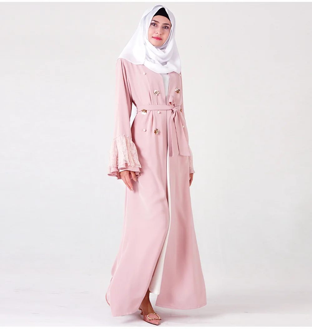 Simple Ruffle Sleeves Embroidery Open Abaya For Muslim Women Stylish Pearl Bead Lace Trim Abaya Muslim Dress For Women Dubai