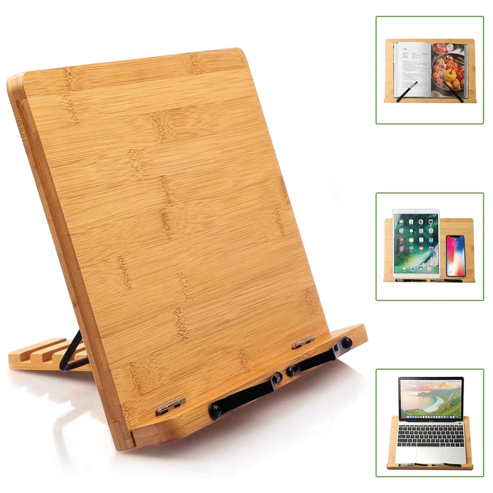 Bamboo Book Stand Cookbook Holder with 5 Adjustable Height Foldable Kitchen Wooden Cooking Bookstands  Book Holder Reading stand