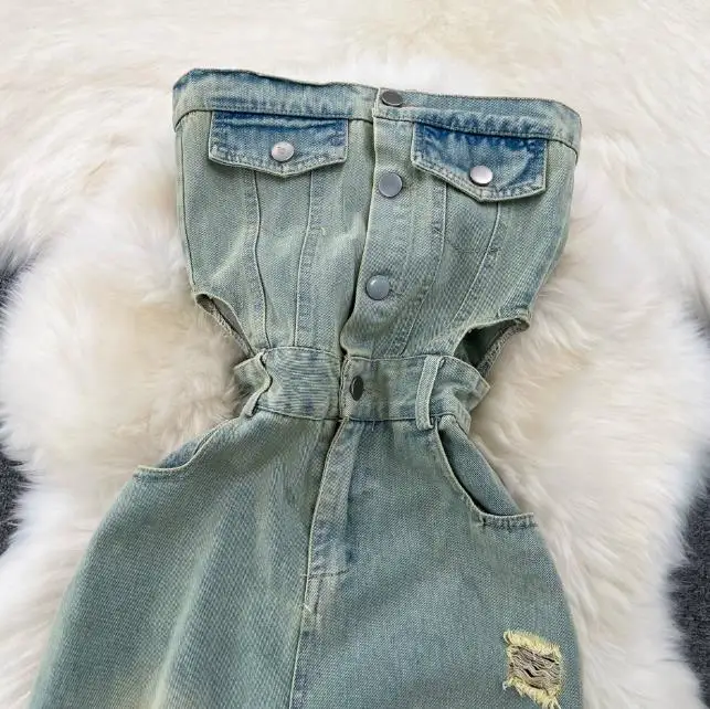 Summer Retro Tube Midriff Outfit Ladies Jumpsuit Casual High Waist Slimming Bodysuits Wide-Leg Jeans Jumpsuit for Women