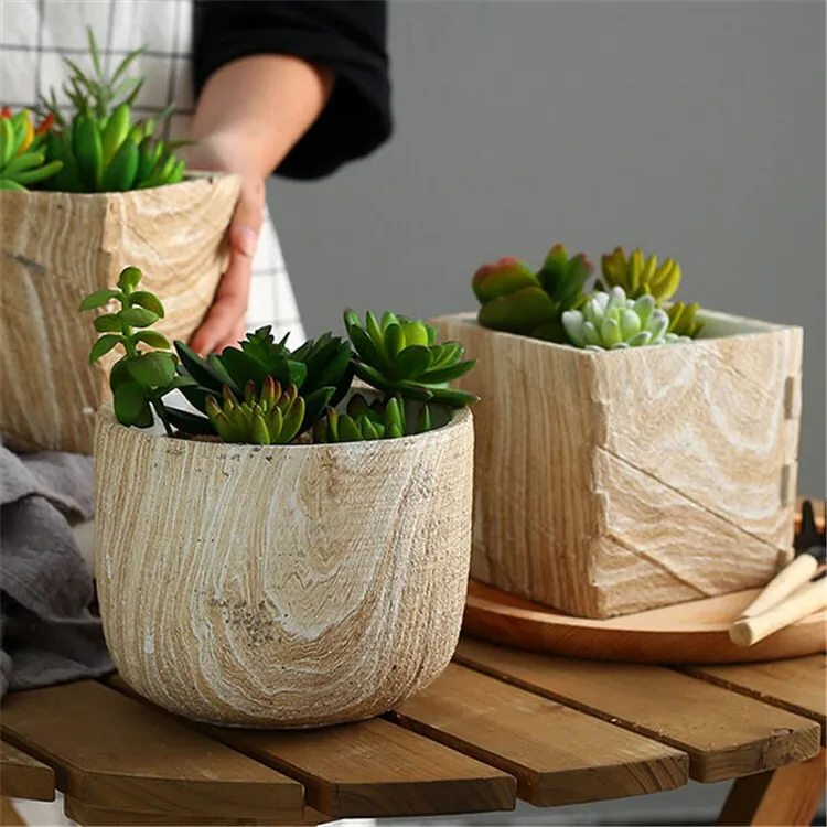Unique lifelike wood grain european style matte concrete planters garden decoration cement flower pot molds
