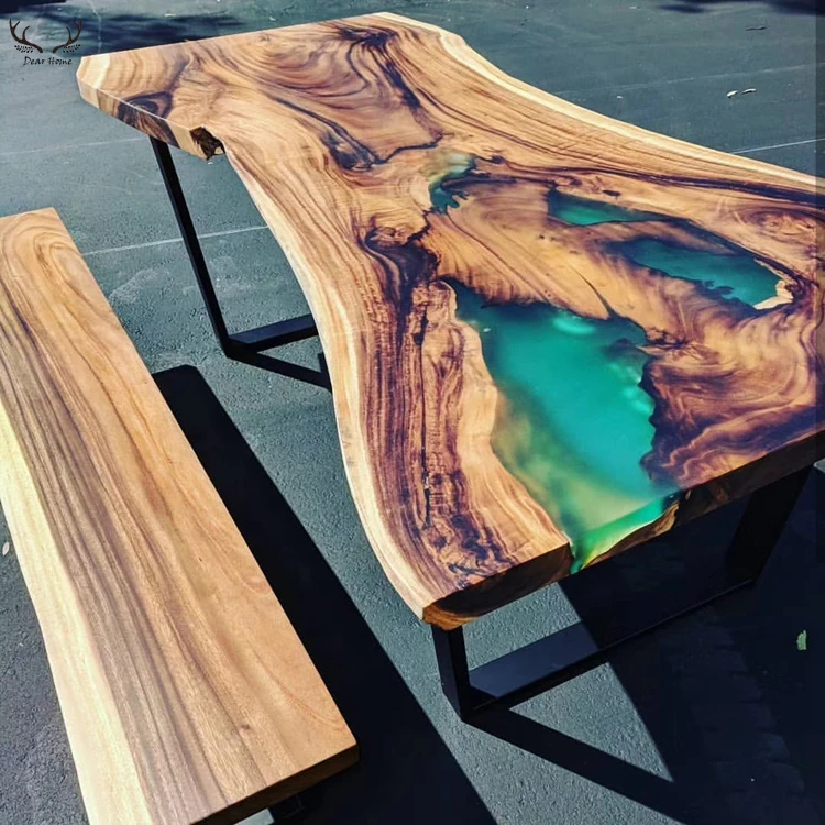 High quality unique design solid wood crystal clear epoxy resin dining table river live edge table
