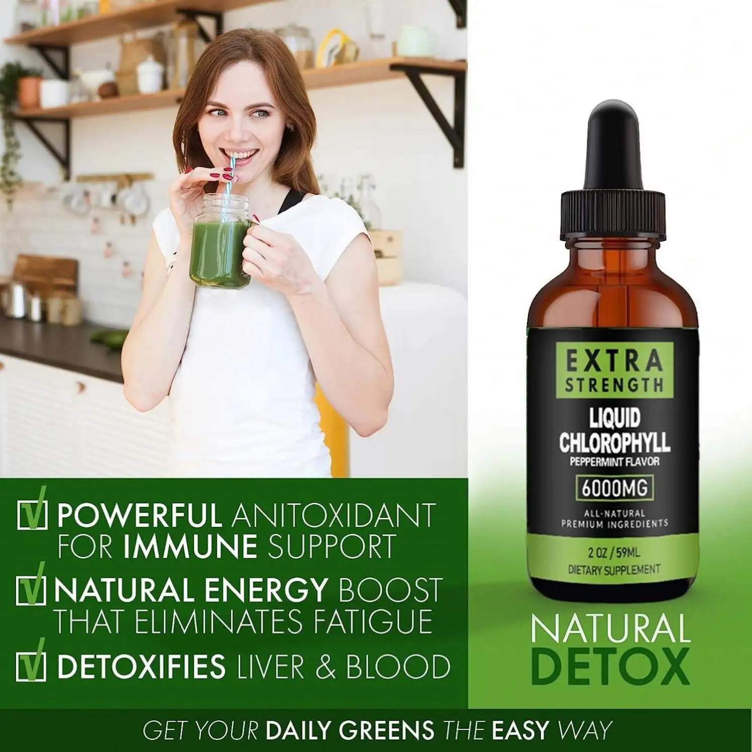 Natural Plant Formula Mint Flavor Chlorophyll Drops from Leaves for Immune Support, Body Detox