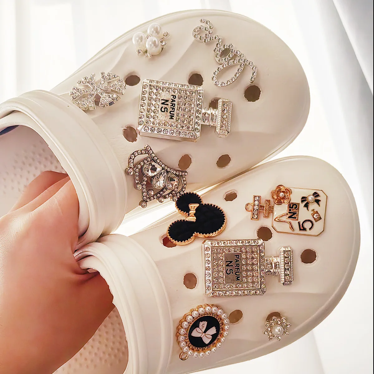 Silver khaki perfume bottle  shoe buckle accessories rhinestone crown love imitation pearl hole clogs charms slippers buckles