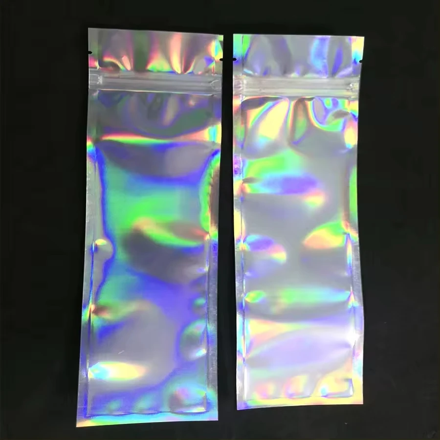 In Stock 7.5*26 Cm Transparent Holographic Laser Film Bag Resealable Mylar Ziplock Bag Heat Seal Zipper Laser Bag