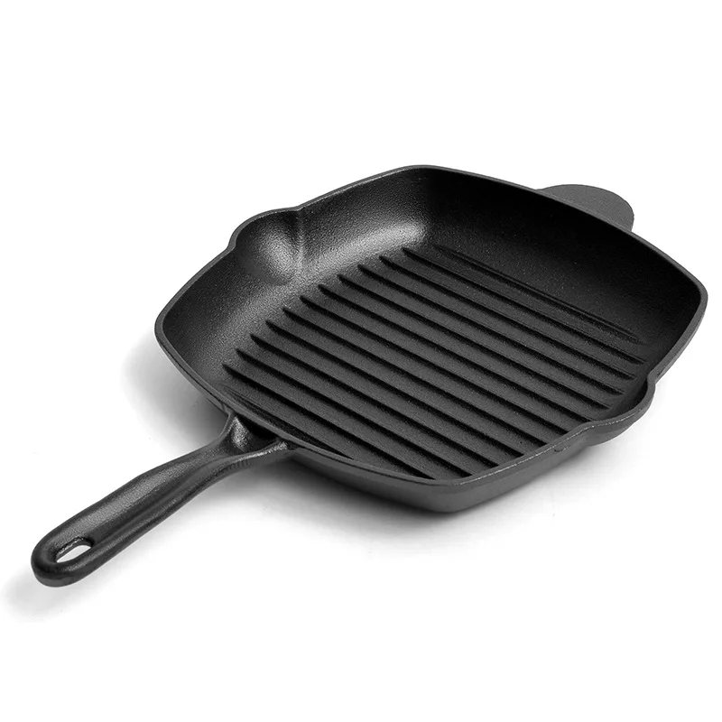 Cast Iron Non-stick Square Grill Pan with Helper Handle Stripe Thickened Steak Skillet for Camping Outdoor