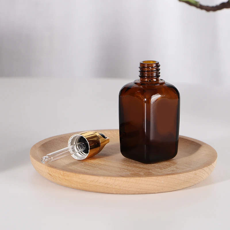 10 ml 30 ml 50 ml 100 ml empty amber brown square shape essential oil glass bottle with dropper pipette