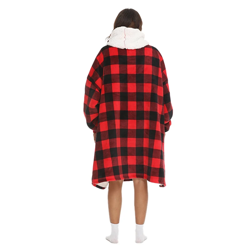 Plaid Red Thick Sherpa Sweatshirt Oversized Wearable Blanket Hoodie With Elastic Sleeves