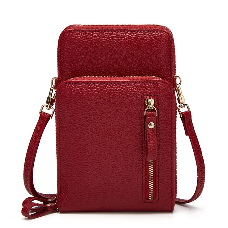 Custom Ladies Wallets Small Shoulder Bag Cell Phone Purse Large Capacity Litchi Grain Solid Color Crossbody Phone Bags For Women