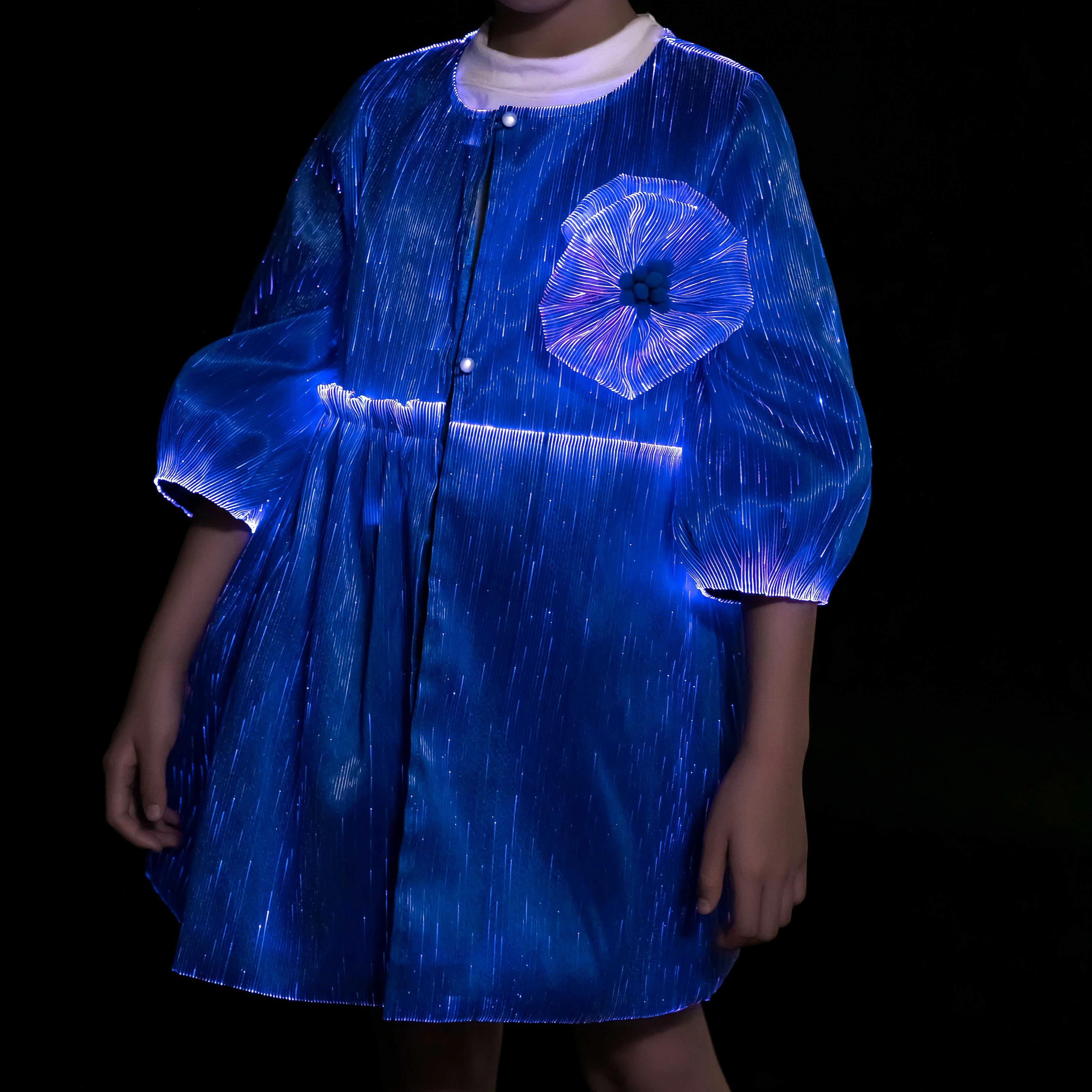 Light Up Fancy Design Teenager Girls Cute Skirt LED Fiber Blue Dress Birthday Party Children Dance Show Costume