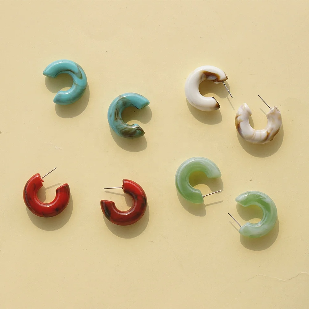 JUHU Simple Jade Green C Type Transparent Resin Earrings Korea Stud Earrings For Women Fashion Jewelry Gift