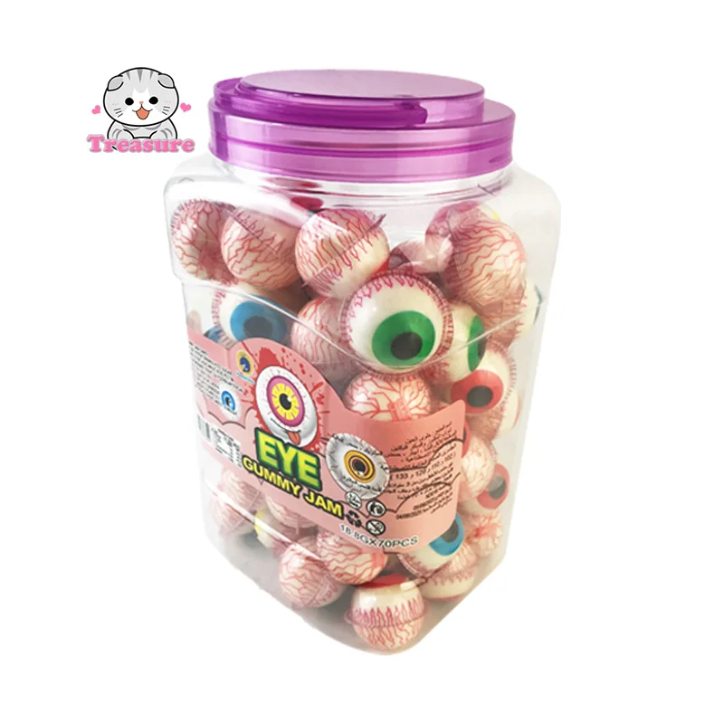 Hot selling halal  sweet soft chewy gummy candy fruit eyeball candy Jelly jam filled halloween candies